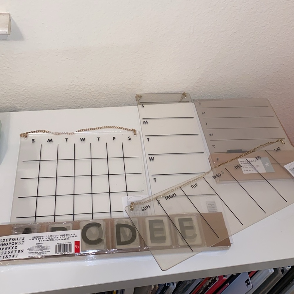 Set of acrylic calendars and wall letter board.